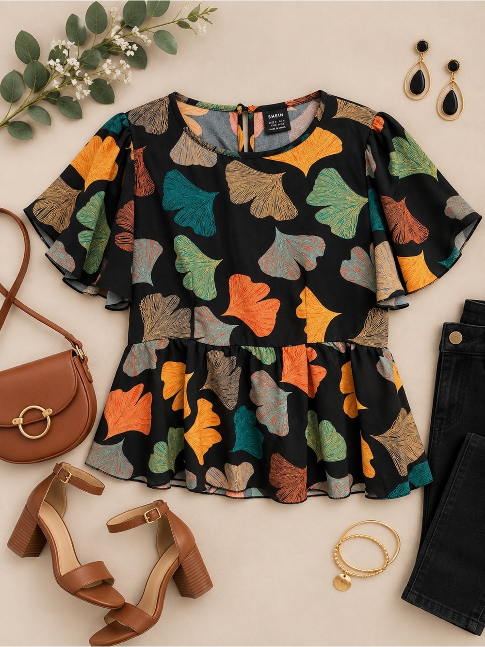 SHEIN Black Multicolor Ginkgo Leaf Print Peplum Top Size Large